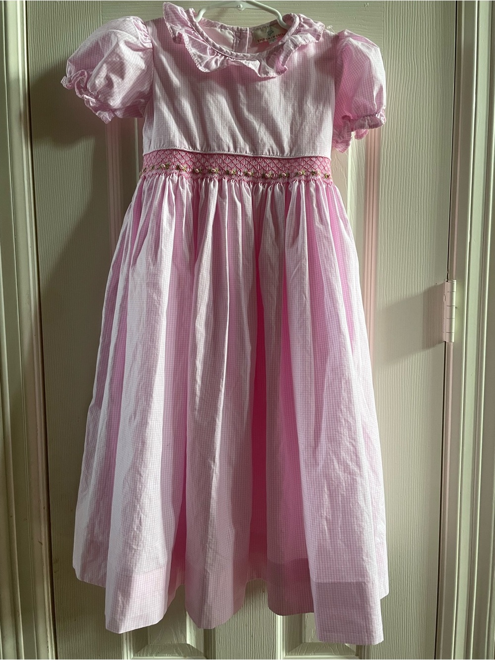 Smockingbird Pink Checked Dress with Smocking & Floral Trim, Size 7